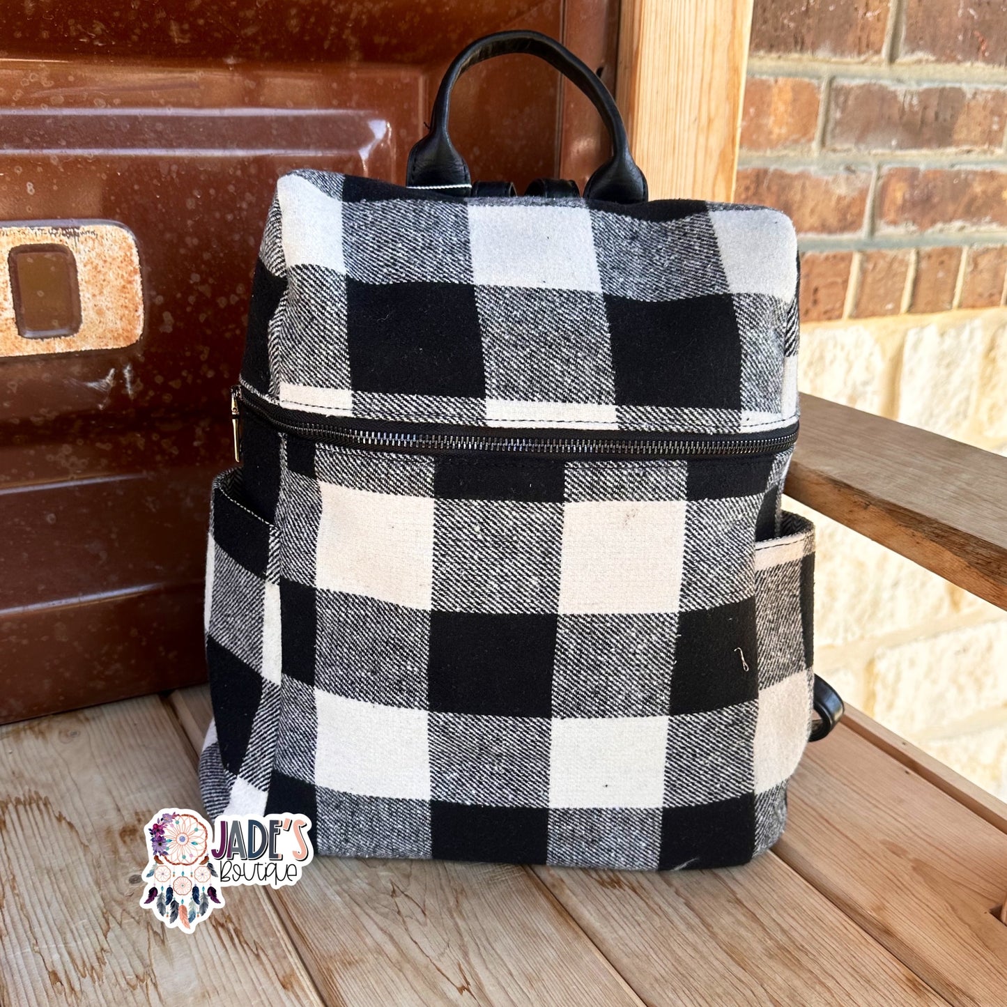 Andi Plaid Backpack w/ 2 Zipper Pockets - Black/White
