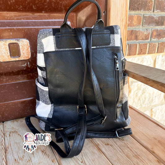 Andi Plaid Backpack w/ 2 Zipper Pockets - Black/White