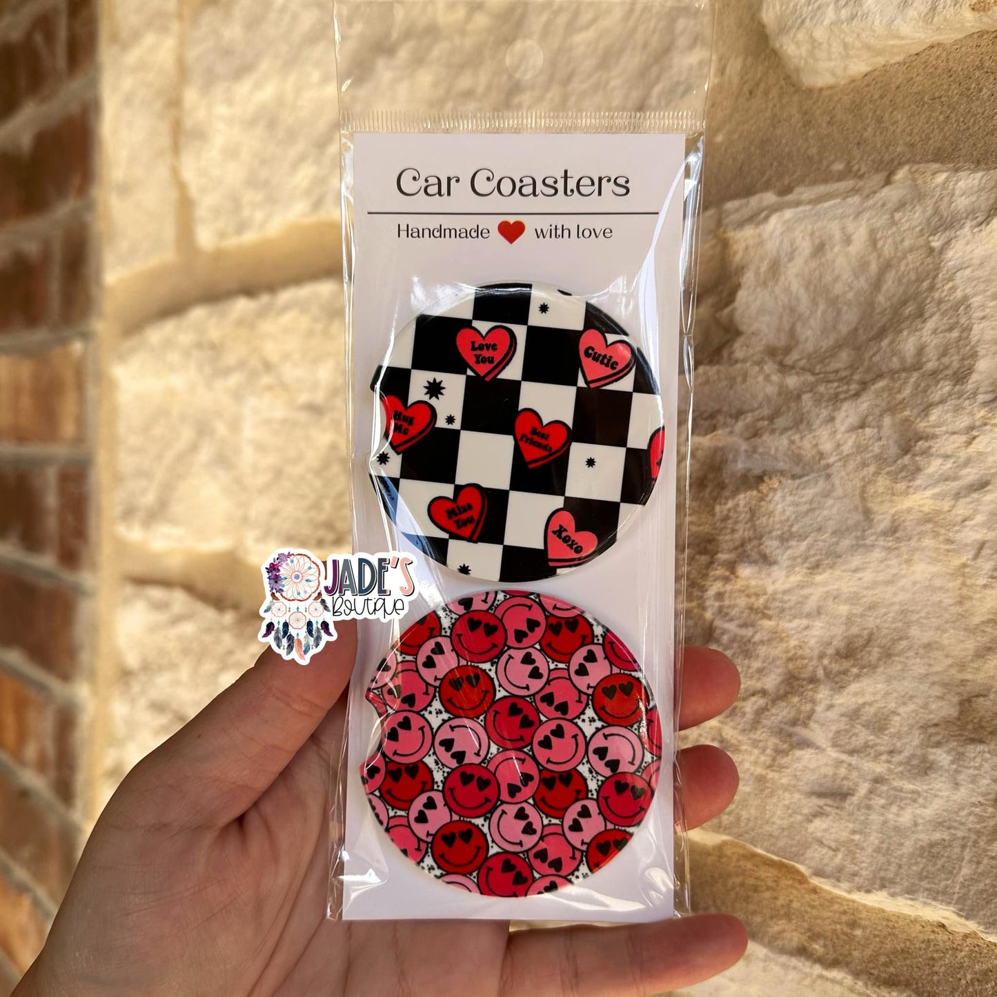 Ceramic Car Coasters - Checkered Hearts/Smiley
