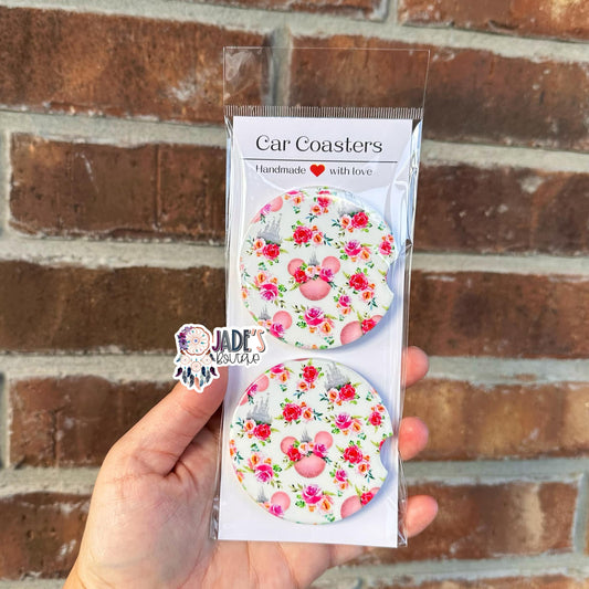 Ceramic Car Coasters - Floral Mouse/Castle