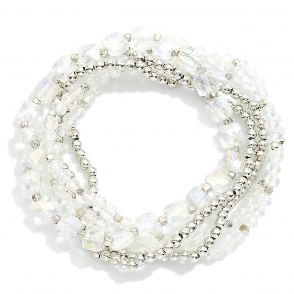 Silver Square Crystal Beaded Stack Bracelet