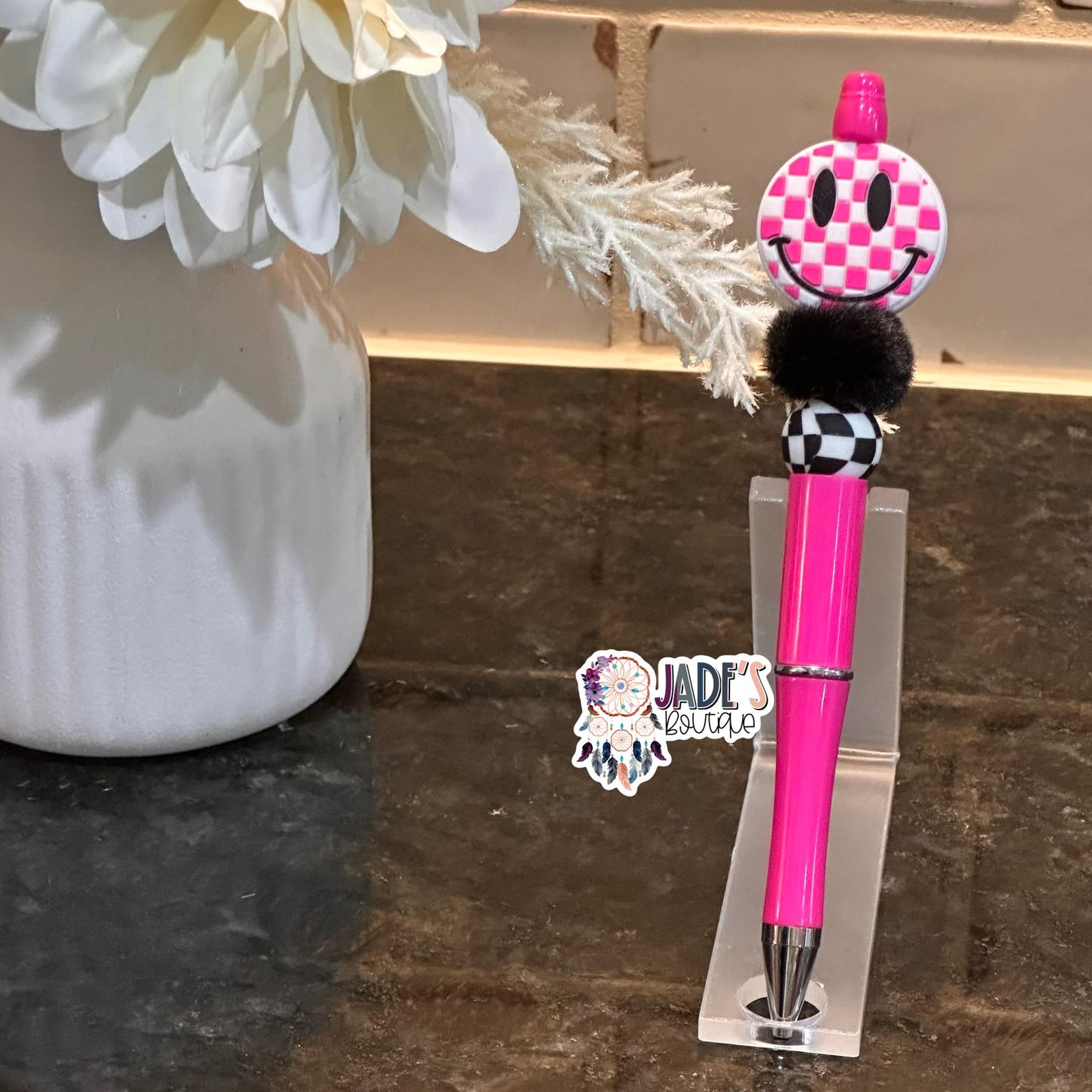 Pink Checkered Smiley Pen