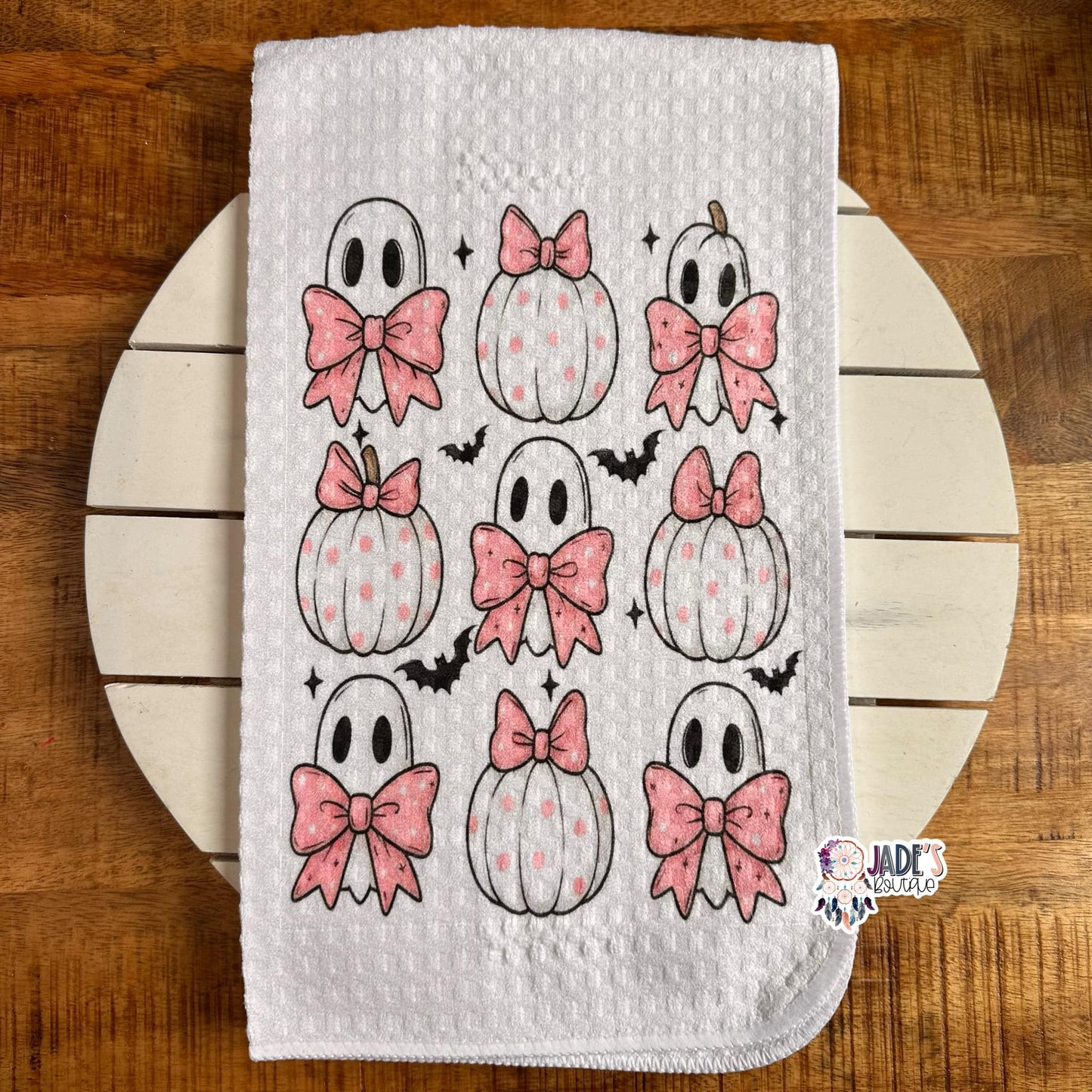 Pink & White Pumpkin Ghost Tea Towel