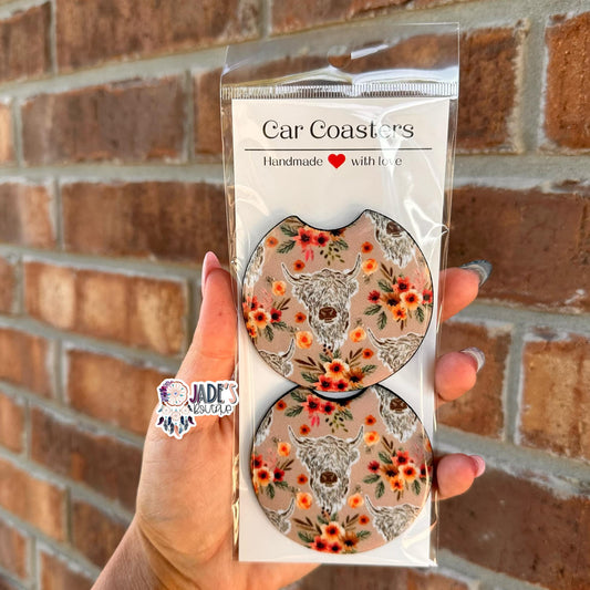 Boho Floral Highland Cow Car Coasters