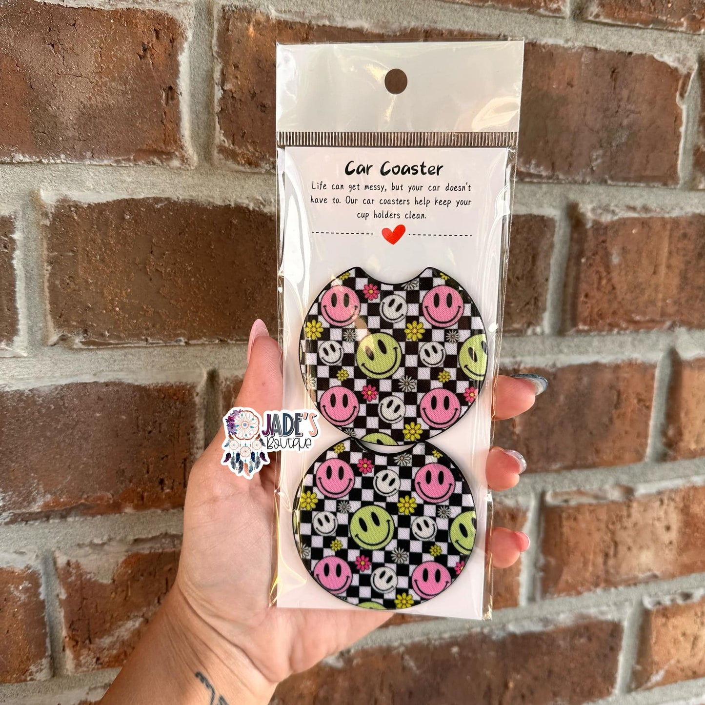 Neon Smiley Checkered Car Coasters