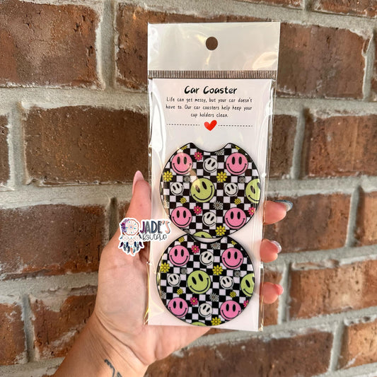 Neon Smiley Checkered Car Coasters