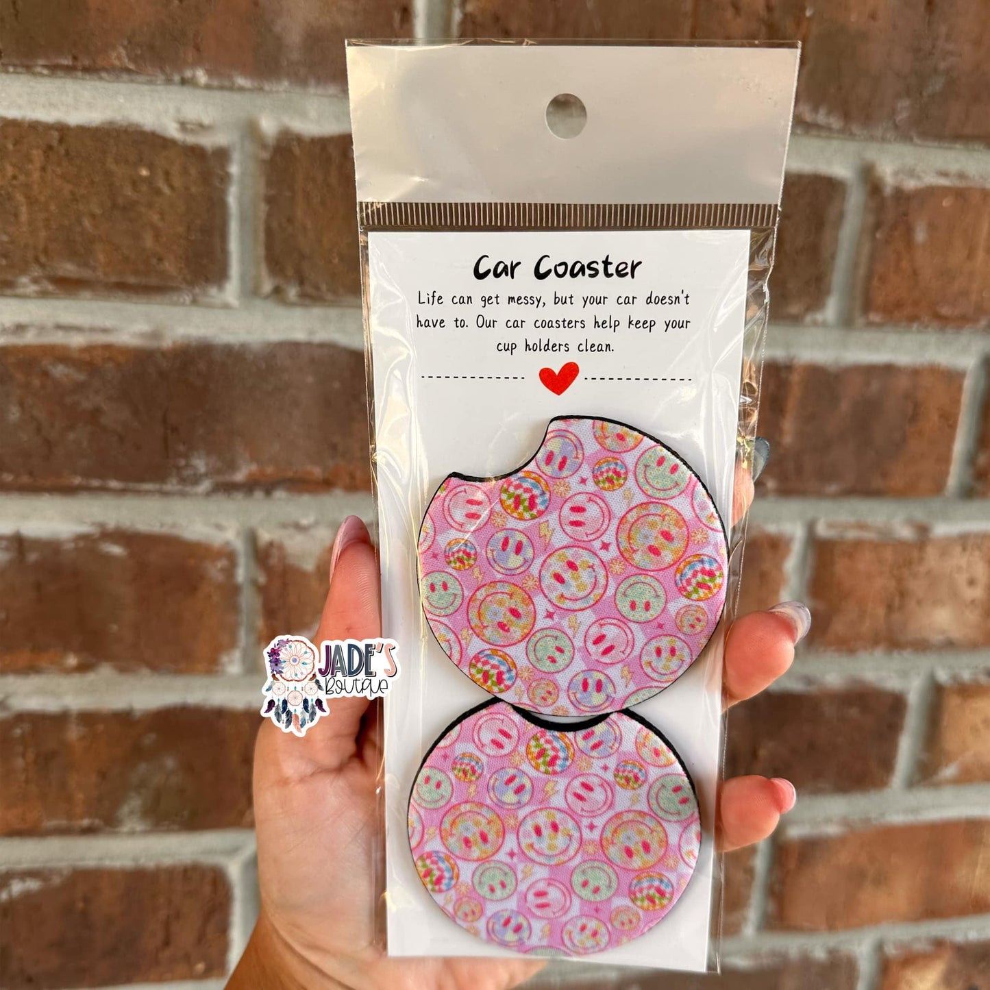 Pastel Smiley Checkered Car Coasters