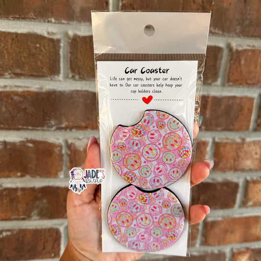 Pastel Smiley Checkered Car Coasters