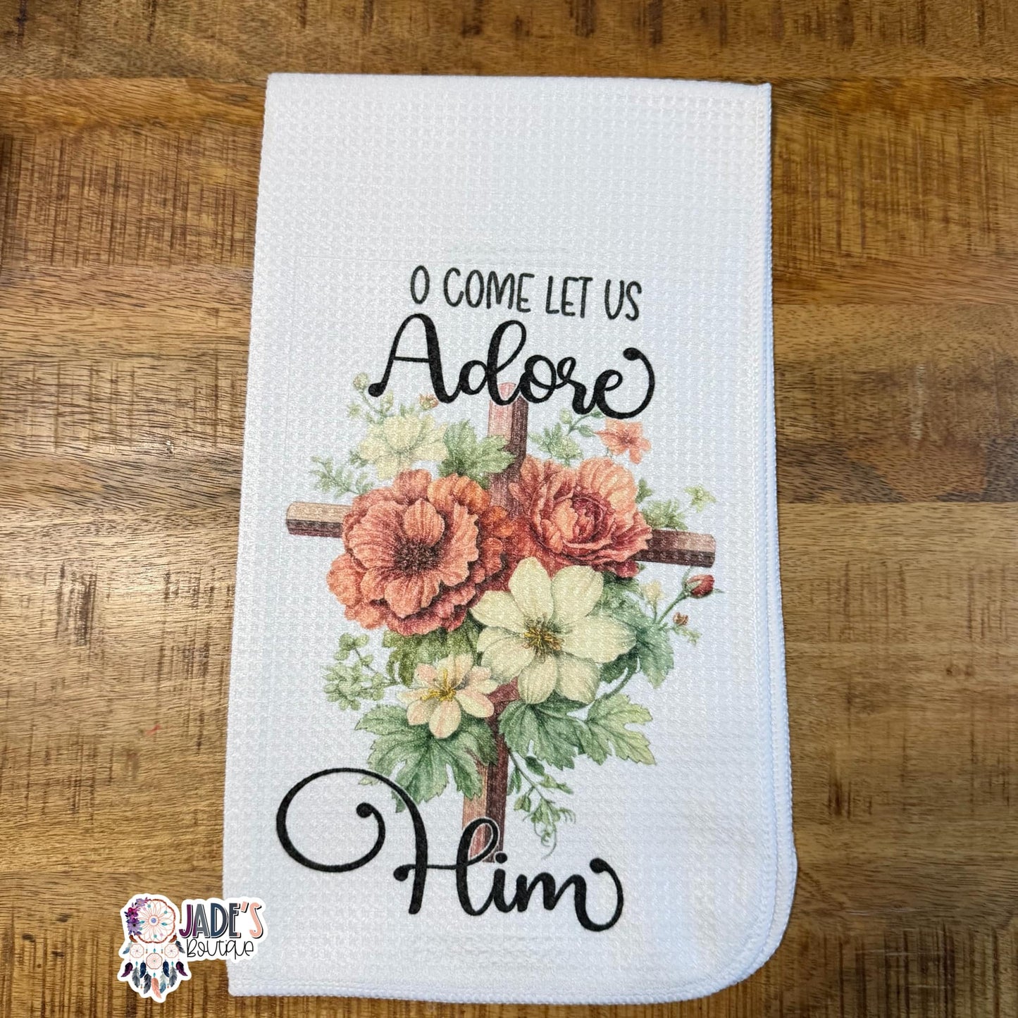 O Come Let Us Adore Him Cross Tea Towel