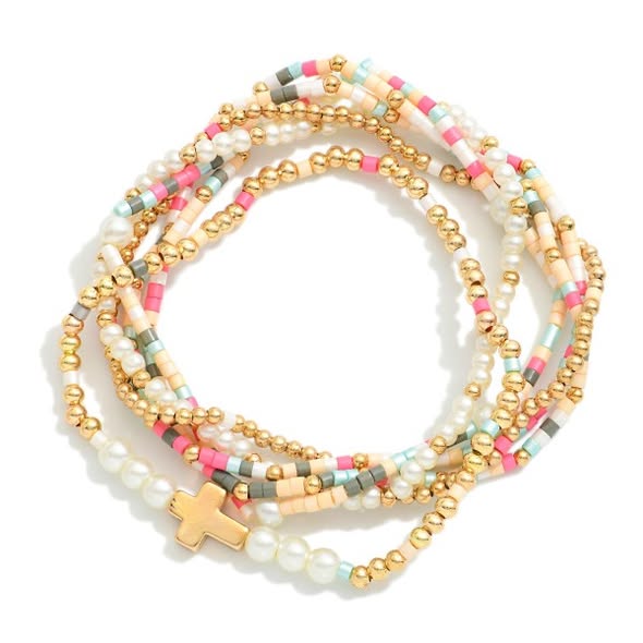 Stackable Bracelet with Cross Charm - Multi