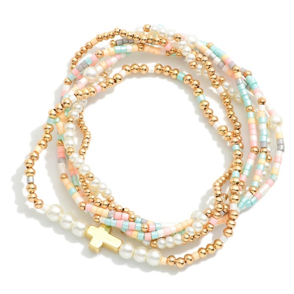 Stackable Bracelet with Cross Charm - Light Multi