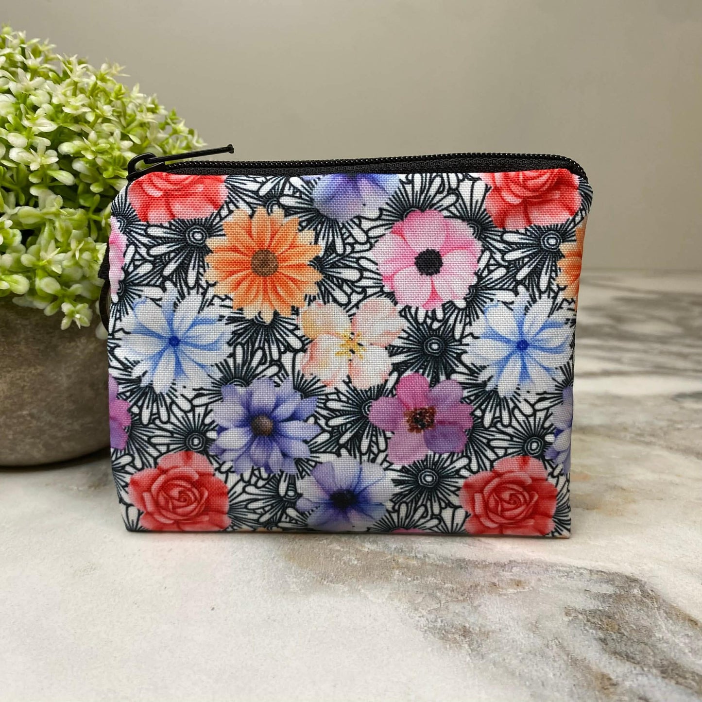 B&W Daisy Floral with Pop of Floral Coin Pouch