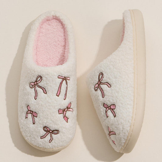 Cozy Bow Embroidered Plush Slippers
