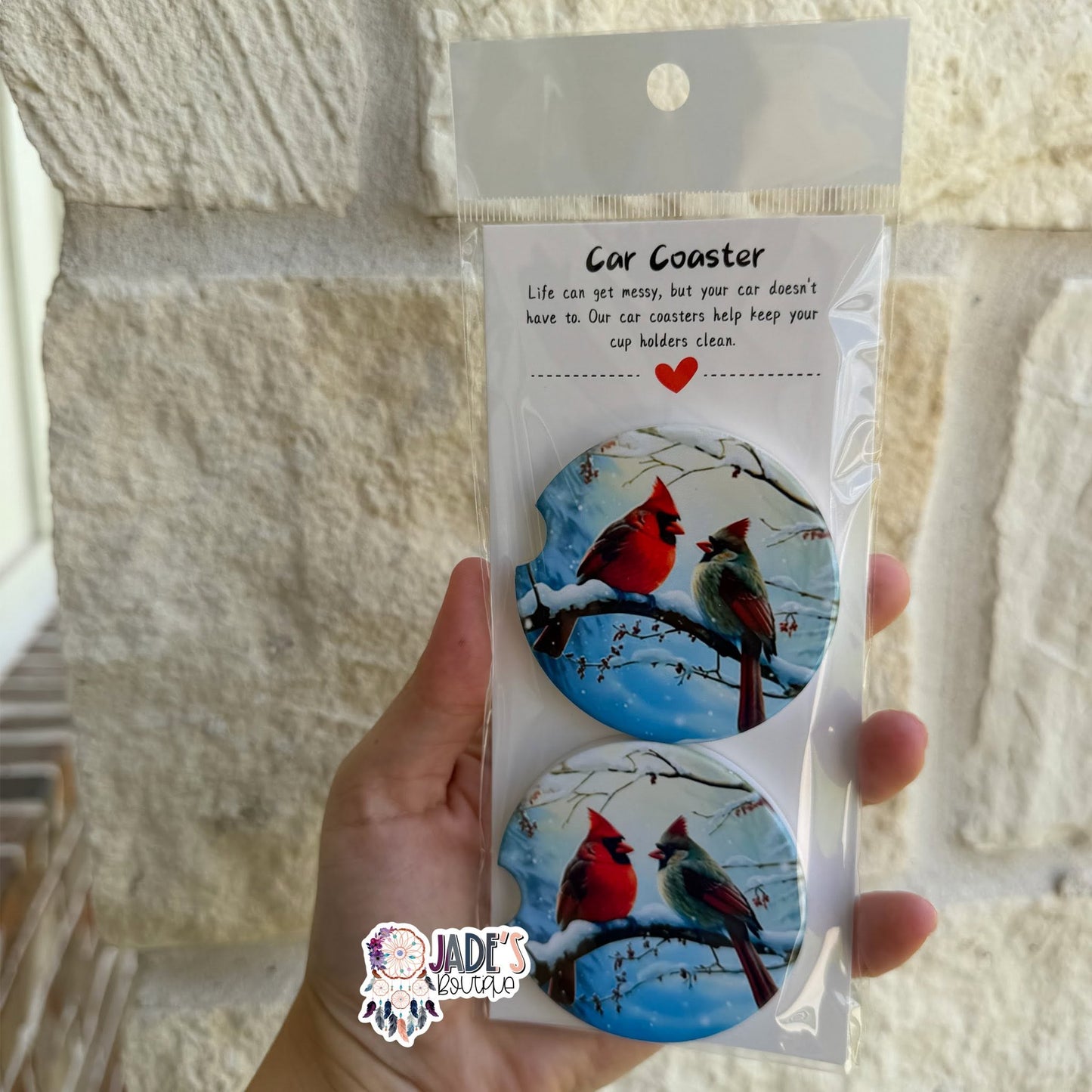 Ceramic Car Coasters - Red Snow Cardinals