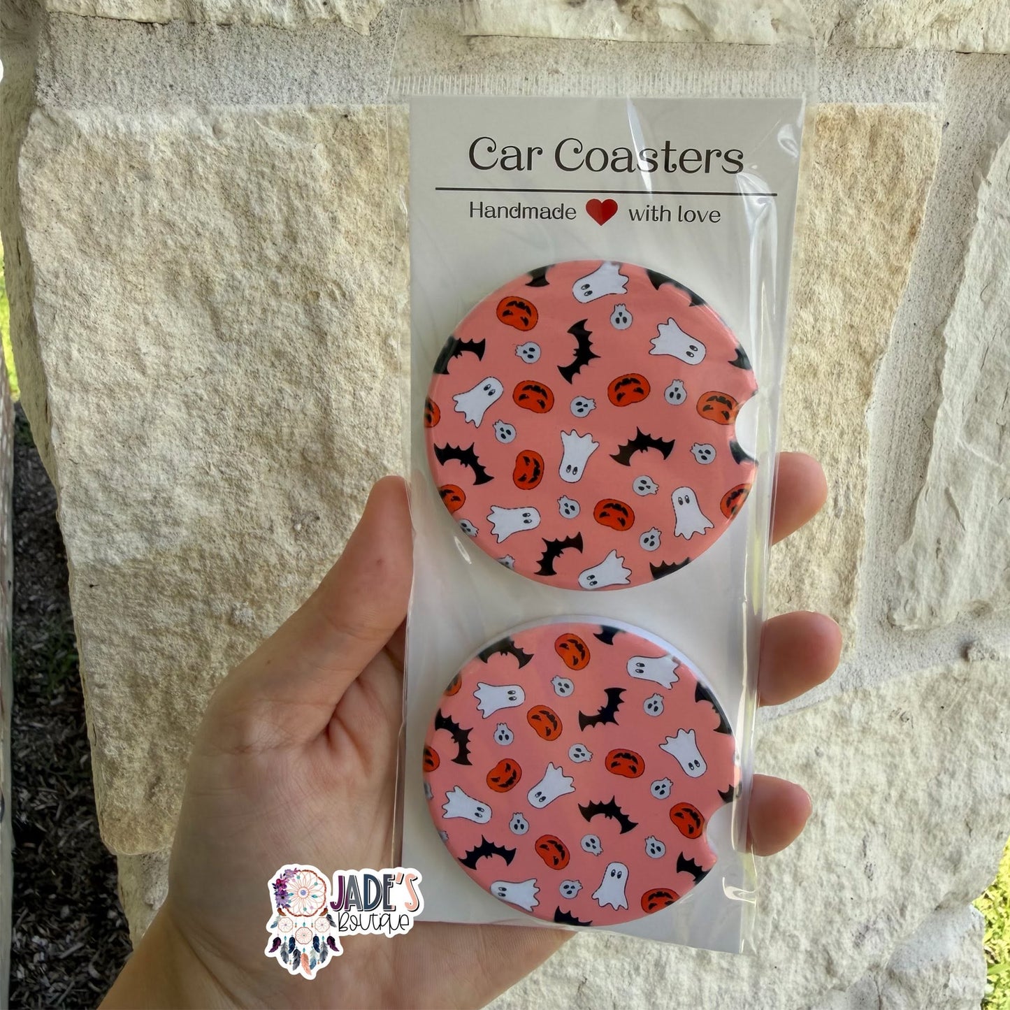 Ceramic Car Coasters - Spooky Things Pink