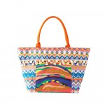 Abstract Chevron Printed Canvas Tote Bag With Fringe Pom Detail