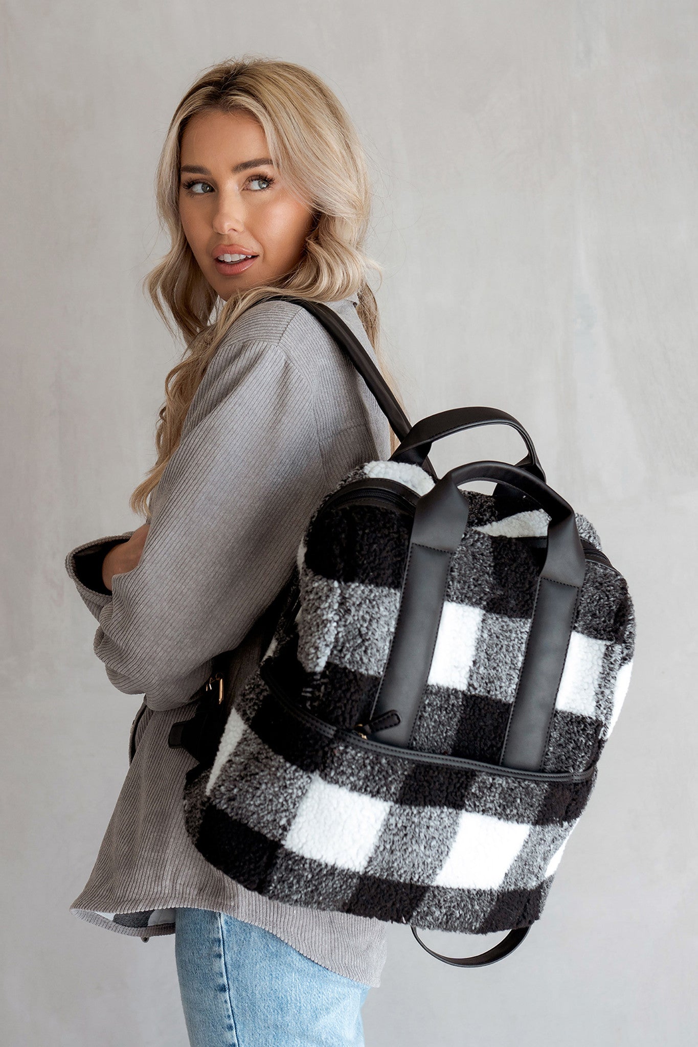 Hattie Sherpa Backpack w/ Guitar Strap - Black & White