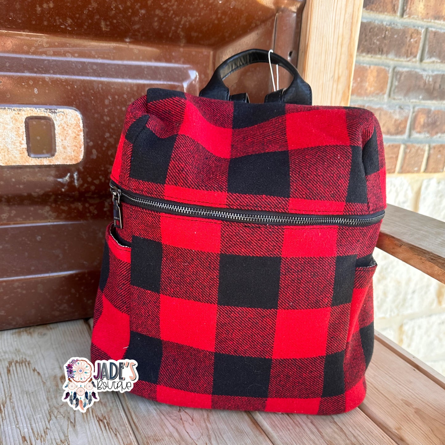 Andi Plaid Backpack w/ 2 Zipper Pockets - Red/Black
