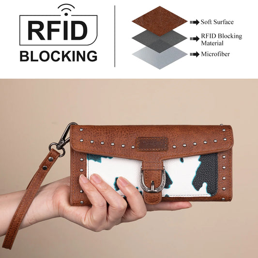 Wrangler Western Cow-Print Tri-fold RFID Wallet/Wristlet With Detachable Credit Card Holder -Turquoise
