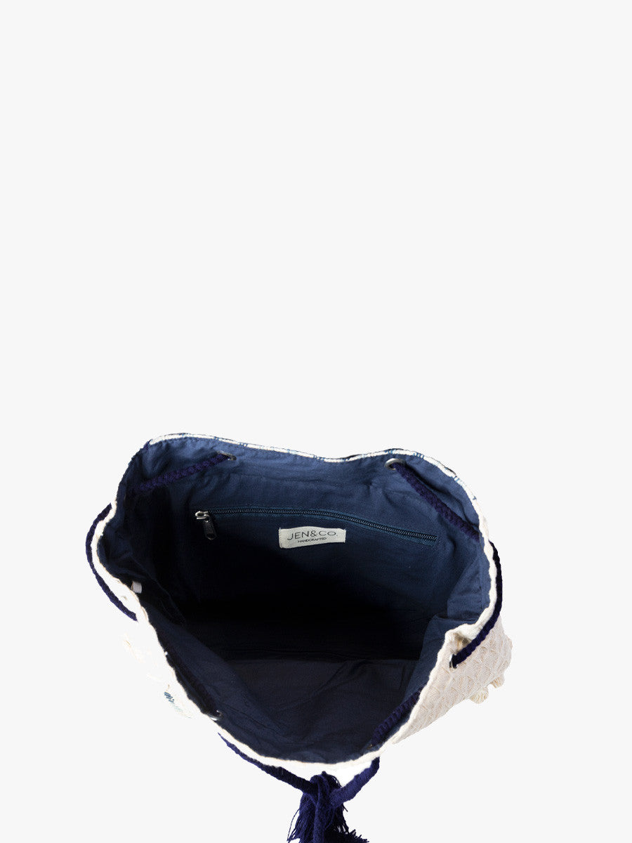 Magdelena Aztec Cotton Backpack w/ Tassels - Blue/White