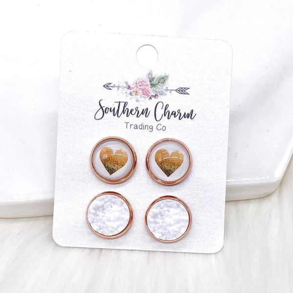 12mm - Rose Gold Hearts & Snow White Earrings in Rose Gold Settings