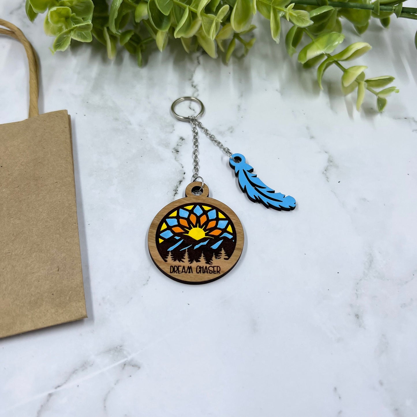 Dream Catcher Dream Chaser Wood Keychain