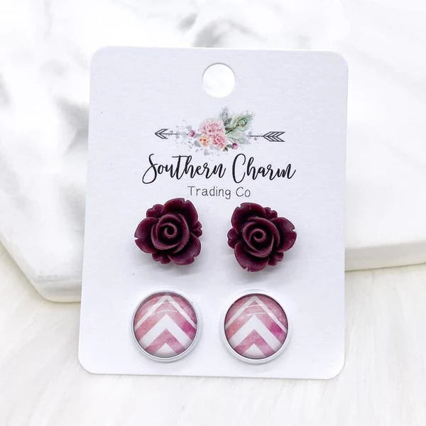 12mm - Burgundy Blooming Roses & Blush Chevron Earrings in White Settings