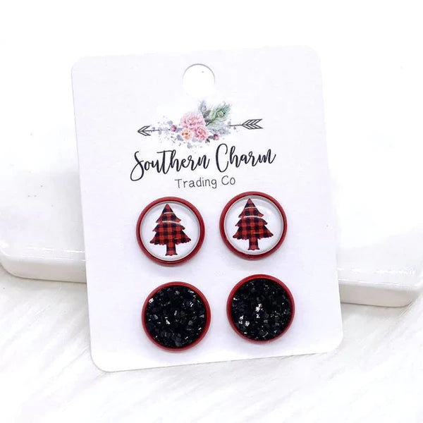 12mm - Buffalo Plaid Trees & Black Sparkles Earrings in Red Settings