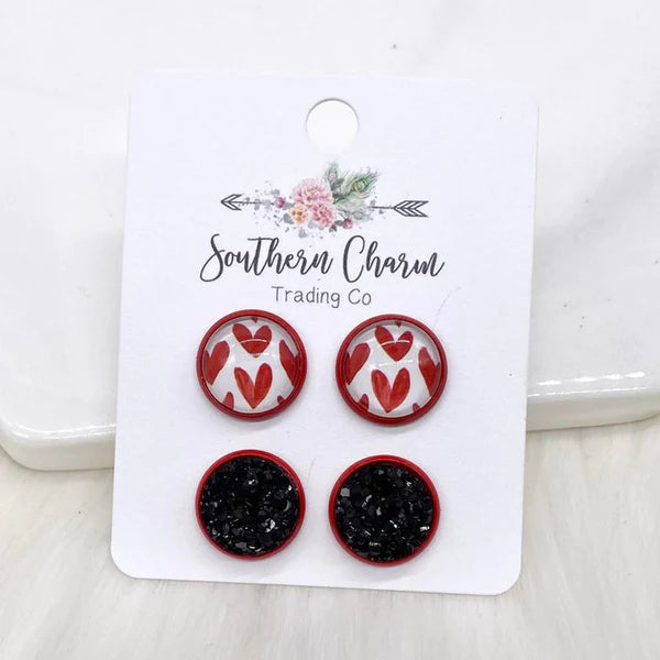 12mm - Red Hearts & Black Earrings in Red Settings