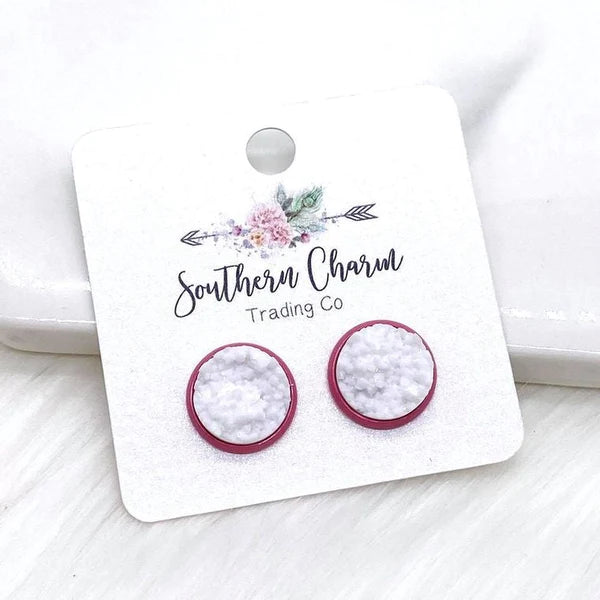 12mm - White Shimmer Earrings in Pink Settings