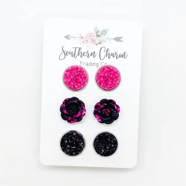 12mm - Hot Pink/Hot Pink & Black Roses/Black Earrings in Stainless Steel Settings