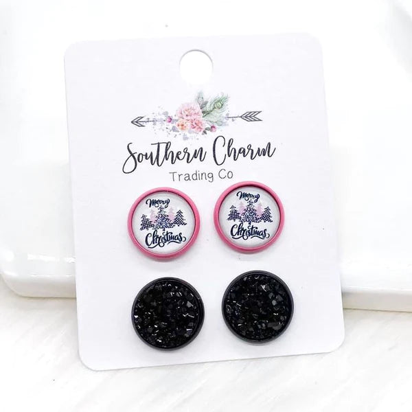 12mm - Pink/White Buffalo Plaid Merry Christmas & Black Sparkles in Pink/Black Settings Earrings