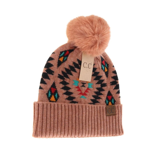 C.C Aztec Patterned Faux Fur Pom Beanie HAT3001