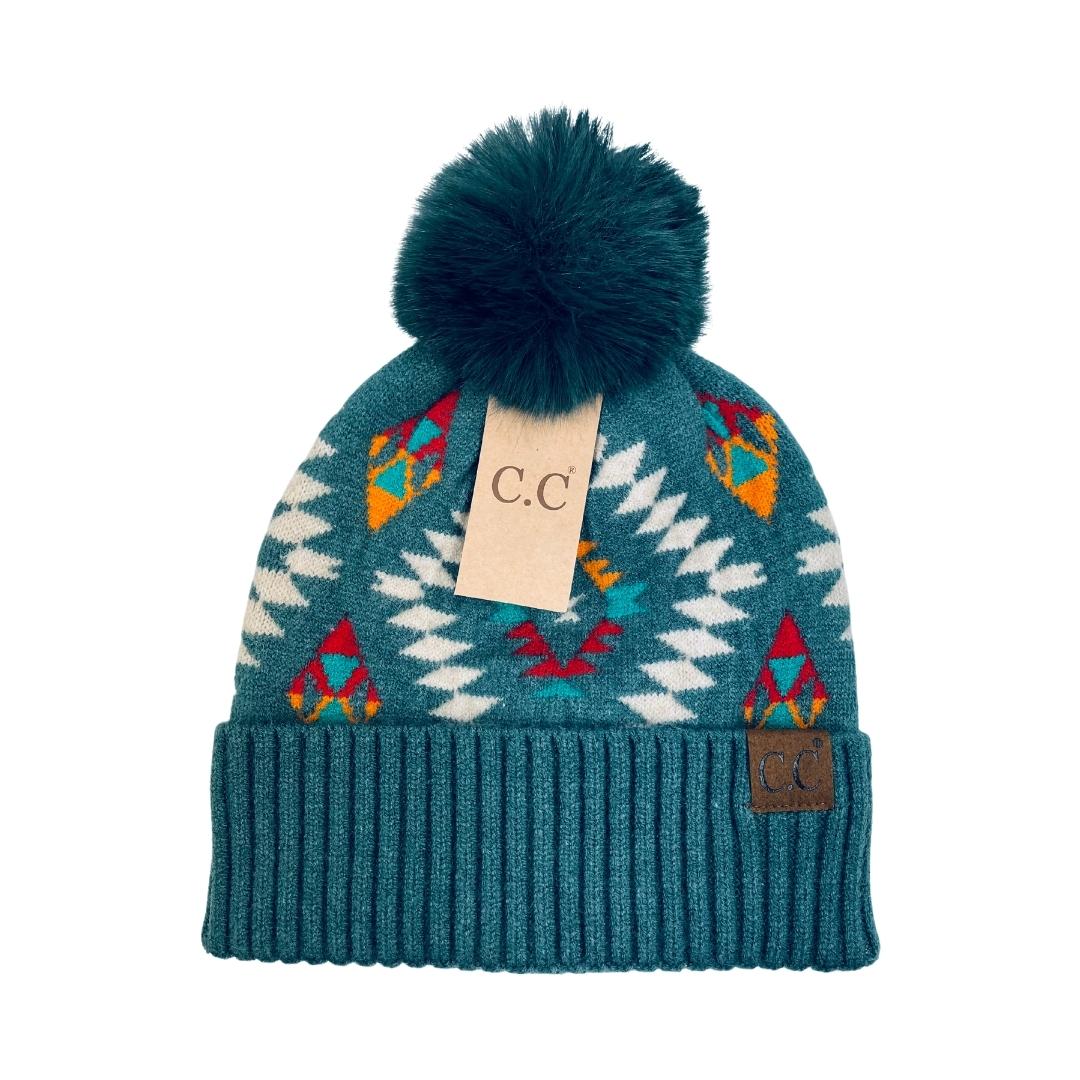 C.C Aztec Patterned Faux Fur Pom Beanie HAT3001