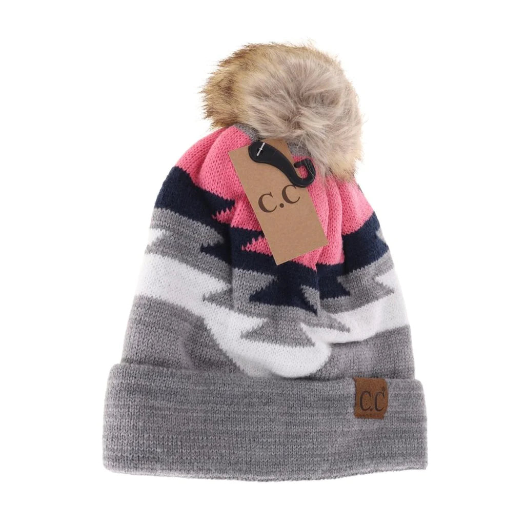 C.C Aztec Natural Faux Fur Pom Beanie YJ1000
