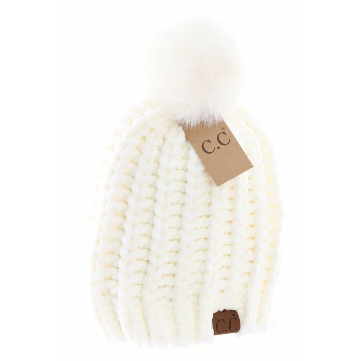 C.C Ivory Chenille Chunky Knit Faux Fur Pom Beanie Hat