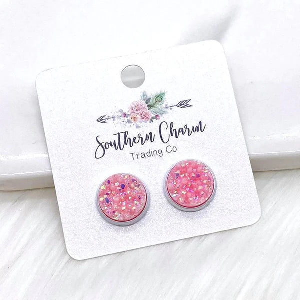12mm - Pink Shimmer Earrings in White Settings