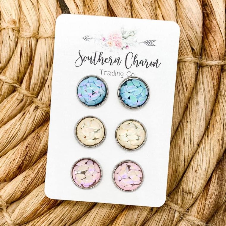 Blue/Cream/Pink Glitter Leaves Earrings in Stainless Steel Settings