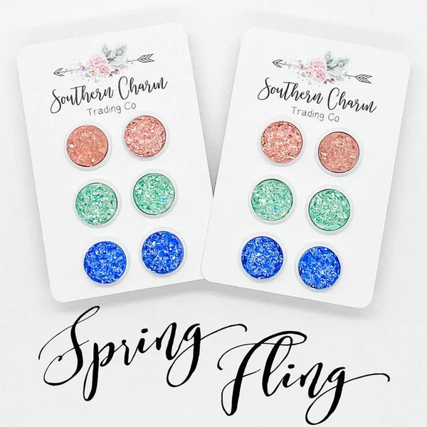12mm - Flamingo Sparkles/Mint Sparkles/Orchid Sparkles Earrings in White Settings