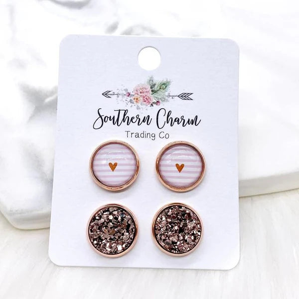 12mm - Rose Gold Pink Striped Hearts & Rose Gold Earrings in Rose Gold Settings