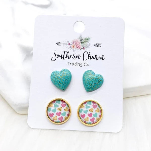 12mm - Teal Crackle Hearts & Pink/Teal/Gold Hearts Earrings in Gold Settings