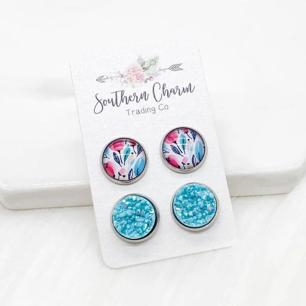 12mm - Pink/Blue Floral & Robin Egg Shimmer Earrings in Stainless Steel Settings