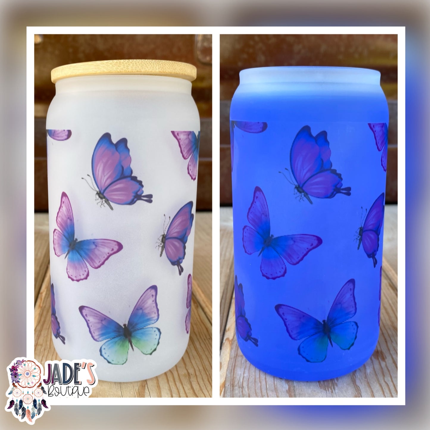 Butterfly 16oz Color Changing Glass Can Tumbler