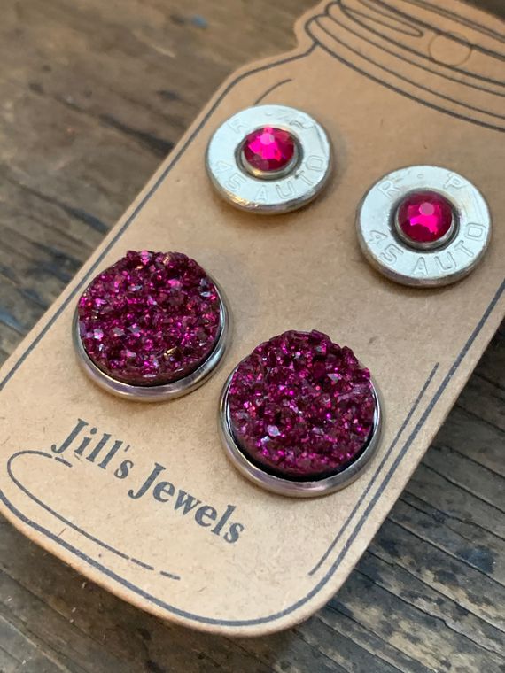 Ruby Red Faux Druzy 45 Auto Bullet Earring Set