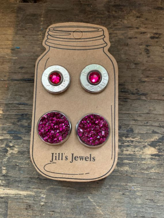 Ruby Red Faux Druzy 45 Auto Bullet Earring Set