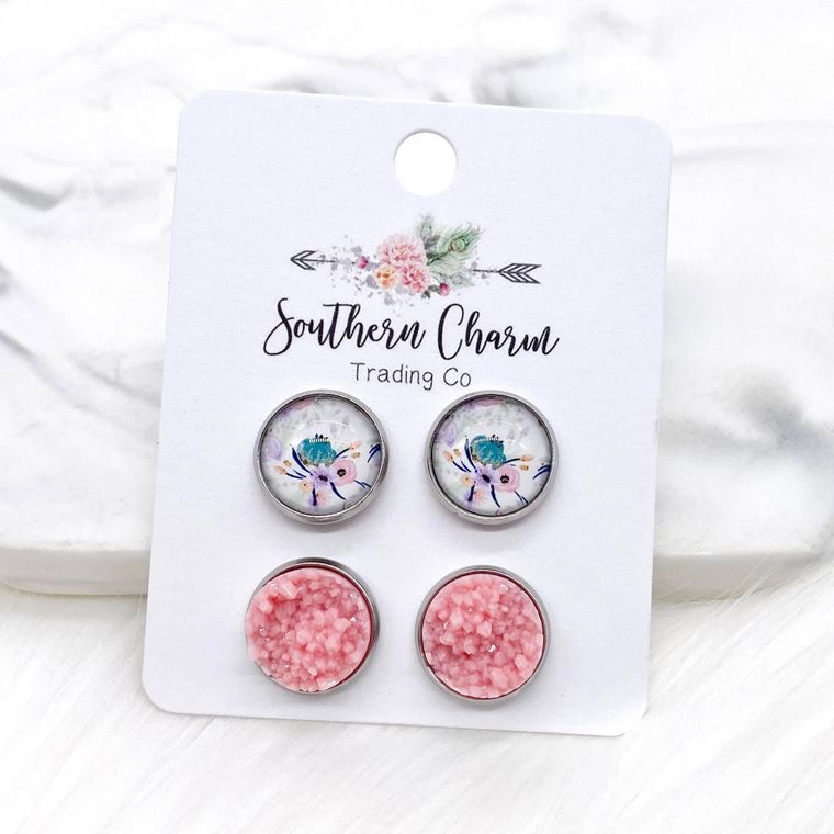 12mm - Pink/Mint Floral & Pink Crystals Earrings in Stainless Steel Settings