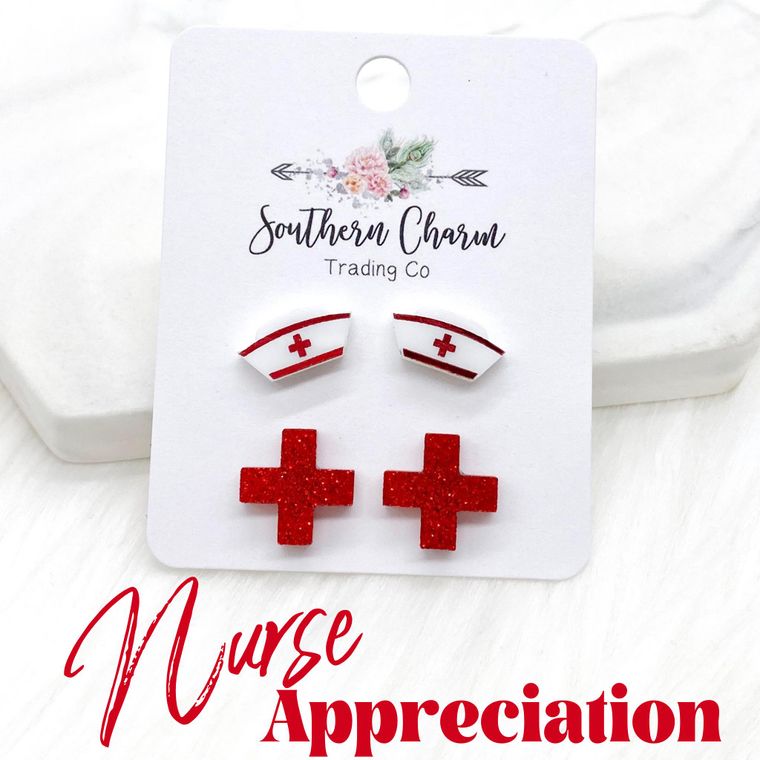 Nurse's Cap & Glitter Red Cross Earrings