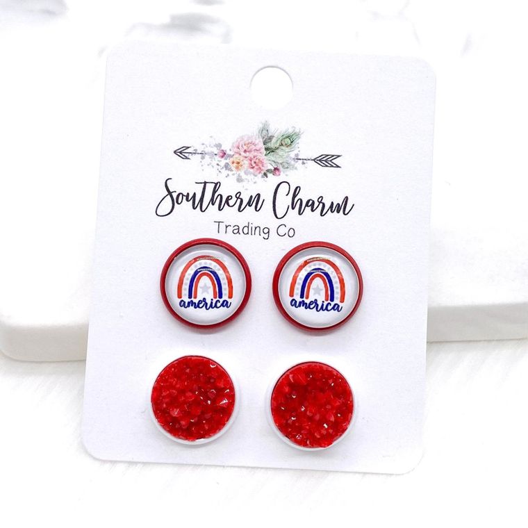 12mm - American Rainbow & Red Crystals Earrings in Red/White Settings