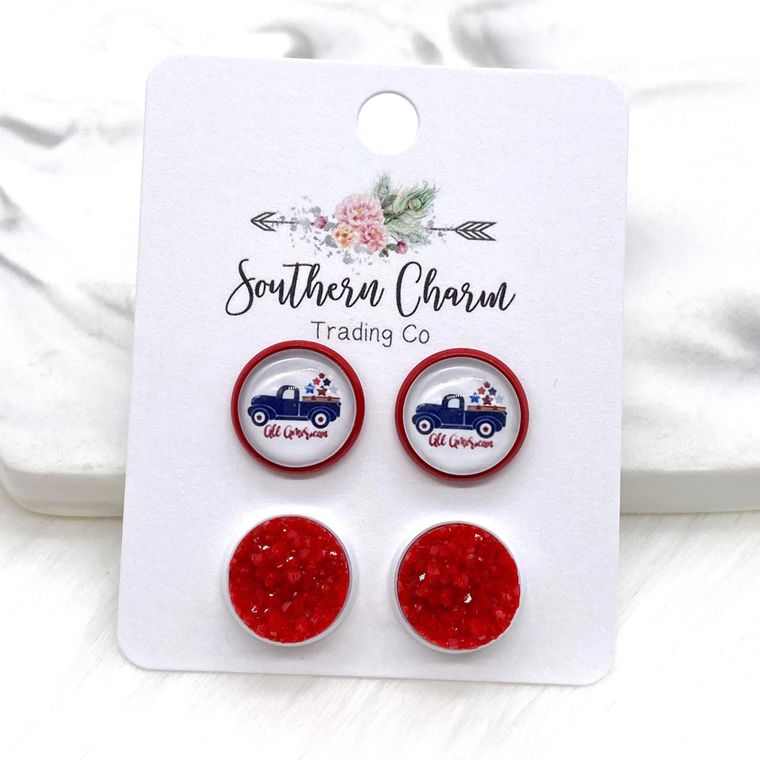 12mm - All American & Red Crystals Earrings in Red/White Settings