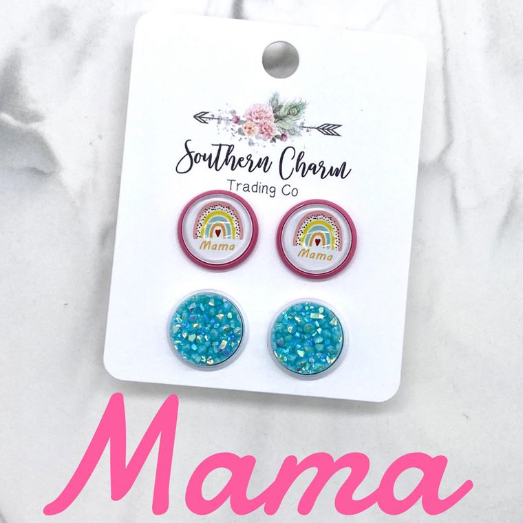 12mm - Boho Mama & Robin Egg Shimmer Earrings in Pink/White Settings
